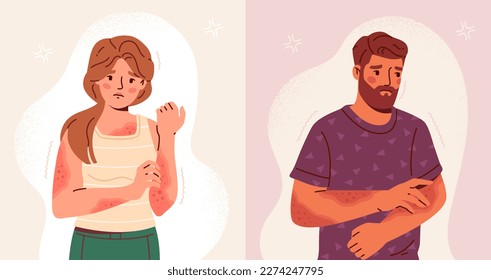 People with skin diseases. Set of characters with acne, dermatitis, eczema or psoriasis on body. Man and woman treat dermis for inflammation and redness. Cartoon flat vector illustration collection