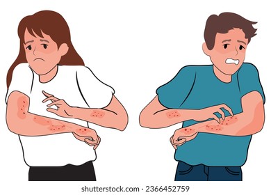 People with skin diseases. Set of characters with acne, dermatitis, eczema or psoriasis on body. Man and woman treat dermis for inflammation and redness. Cartoon flat vector illustration collection