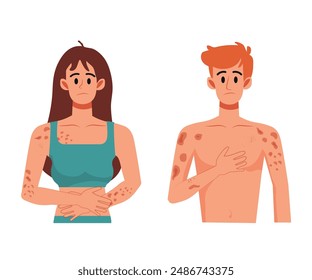 People with skin diseases. Set of characters with acne, dermatitis, eczema or psoriasis on body. Man and woman treat dermis for inflammation and redness. Cartoon flat vector illustration collection.