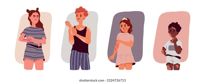 People with skin diseases set. Young sad characters with skin rash and allergies, dermatitis and psoriasis. Children and teens suffer from illness. Cartoon flat vector collection on white background