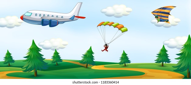 People with sky activity and landscape illustration