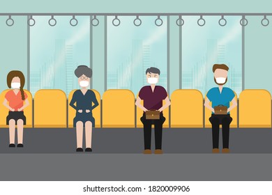 Las personas en el tren del cielo usan mascarillas y hacen el distanciamiento social. Nueva vida normal para proteger COVID-19. Ilustración vectorial.