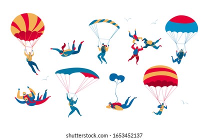People skydiving and jumping with parachute, extreme sport set, isolated on white, vector illustration. Men and women with parachutes in the sky, active leisure and extreme sport skydiving hobby set
