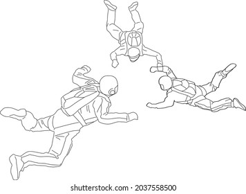 People skydiving with parachute. Group of professional parachutists paragliding. Outline vector illustration