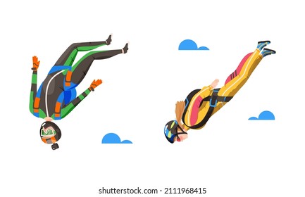 People skydiving in the sky set. Parachutists parachuting in free fall vector illustration