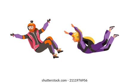People skydiving in the sky set. Professional parachutists parachuting in free fall vector illustration