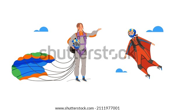 People skydiving in the sky set.\
Professional parachutist flying wearing wingsuit. Girl standing on\
the ground with parachute vector\
illustration