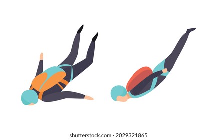 People Skydiving in Sky, Skydivers Floating in the Air Cartoon Vector Illustration