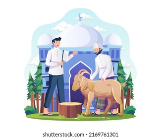 People are slaughtering goats as sacrificial livestock animals. men are holding a goat for Qurban. People celebrate Eid al-Adha. Vector illustration in flat style