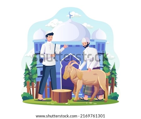 People are slaughtering goats as sacrificial livestock animals. men are holding a goat for Qurban. People celebrate Eid al-Adha. Vector illustration in flat style Stock photo © 