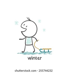 people sledding in winter illustration