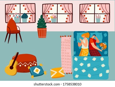People sleep in bed flat vector illustration. Cartoon couple man woman characters with cat lying and sleeping together in comfortable home bedroom at night bedtime, top view hand drawn background