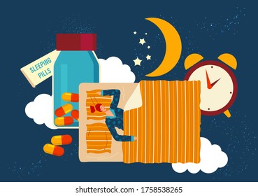 People sleep in bed flat vector illustration. Cartoon tiny woman character in pajamas sleeping well with insomnia medicines pills at night sleep time in bedroom, sleepless medical problem background