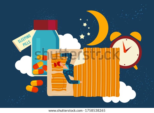 People sleep in bed flat vector illustration.\
Cartoon tiny woman character in pajamas sleeping well with insomnia\
medicines pills at night sleep time in bedroom, sleepless medical\
problem background