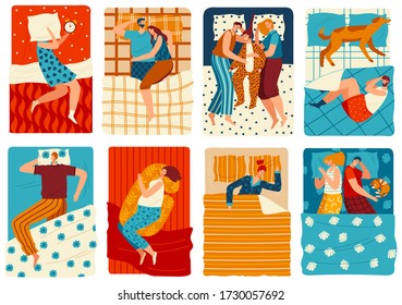 People sleep in bed, set of funny cartoon characters, hand drawn men and women, vector illustration. Couples sleeping in different poses, cozy pillow and blanket, happy people asleep, enjoy bedtime