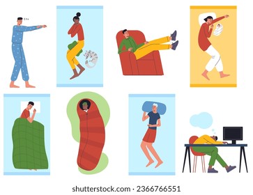 People sleep. Men and women in pajamas. Persons lying in beds in different poses. Deep restorative dream. Asleep guy at table. Girl napping under blanket. Resting