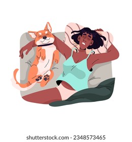 La gente duerme con mascota. La mujer dormida descansa con un perro mullido en la cama, una chica relajada tendida con un cachorro feliz por la noche, una persona somnolienta abraza el corgi, vista superior. Ilustración vectorial aislada plana sobre fondo blanco