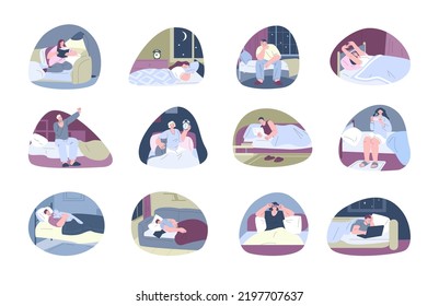 People sleep and reading in bed. Tired office characters, man work at night from home. Early wake up, insomnia problems, serenity dream with cat kicky vector scenes