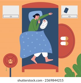 People sleep in room. Happy woman and baby lying in bed. Asleep mother or child top view. Comfortable atmosphere. Bedroom interior. Family in pajamas. Mom and baby