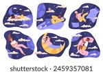 People sleep set. Concept of healthy sleep, dreams. Process of immersing person in sleep. Vector flat illustration.