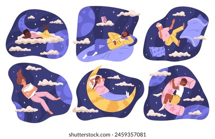 People sleep set. Concept of healthy sleep, dreams. Process of immersing person in sleep. Vector flat illustration.