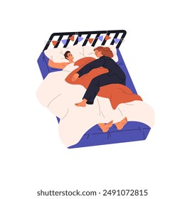 Personas durmiendo juntos vista superior. Linda pareja tiene un descanso en la cama. Mujer joven abraza a su pareja durante la siesta. Chica dormida y hombre en almohadas. Ilustración vectorial aislada plana sobre fondo blanco