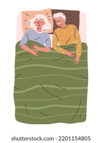 People sleeping in bed. Elderly man and woman lie on soft pillows under blanket and relax together. Old couple restore energy at night. Cartoon flat vector illustration isolated on white background