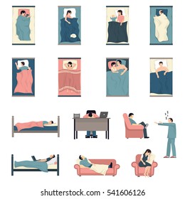 People sleeping in bed with kids cats together and at work desk flat icons set isolated vector illustration 