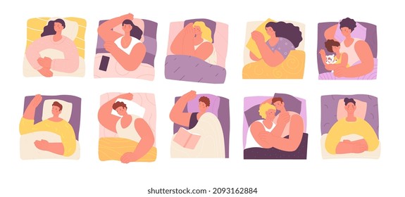 People sleeping in bed. Sleep at deep night, woman man dreaming with book, smartphone. Sick characters, relaxation of adults and kids, utter vector set