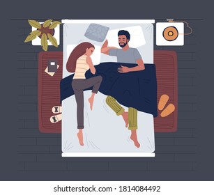 People sleeping in bed top view. Men and women sleeping together, trendy flat vector illustration. Family couple in pajamas in cozy bed. Night rest bedroom concept.