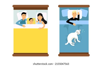 People sleeping in beds set. Top view of people and pet lying under blanket in pajamas asleep at night cartoon vector illustration