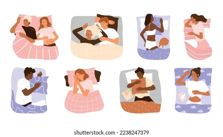 La gente durmiendo en la cama se pone. Hombres y mujeres jóvenes durmiendo en la cama bajo una manta. Colección de personas de sueño. El sueño saludable, la relajación, la restauración de la energía. Caricatura de ilustraciones vectoriales. Fondo aislado