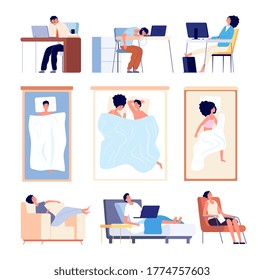 People sleeping. Couple sleep in bed blanket, flat tired man woman. Isolated asleep characters on sofa at desk in chair vector illustration