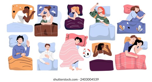 people are sleeping in difference poses flat style illustration vector design