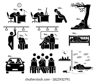 People sleeping at different places stick figure pictogram icons. Vector illustrations of a person falling asleep and taking a nap. 