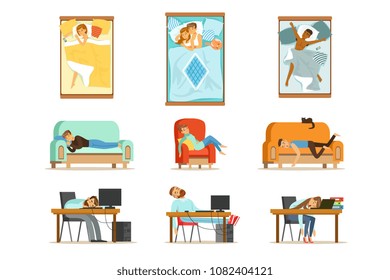 People Sleeping In Different Positions At Home And At Work, Tired Characters Getting To Sleep Set Of Illustrations