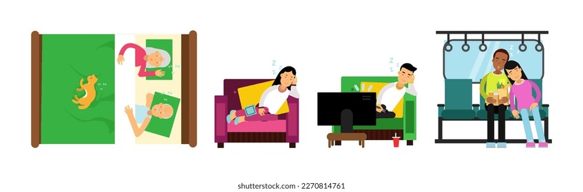 People Sleeping In Different Positions At Home in Bed and on Sofa Vector Set