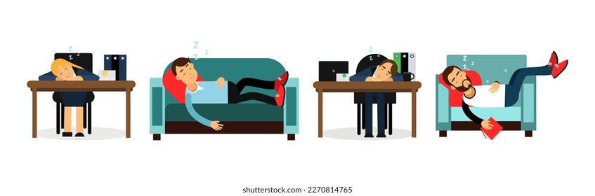 People Sleeping In Different Positions At Home on Sofa and at Table at Work Vector Set