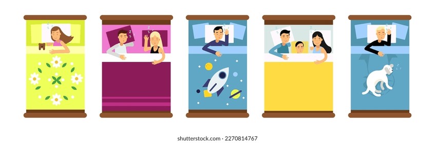 People Sleeping In Different Positions At Home in Their Bed Vector Set