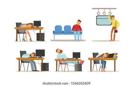 People Sleeping In Different Positions in Various Places Vector Illustrations