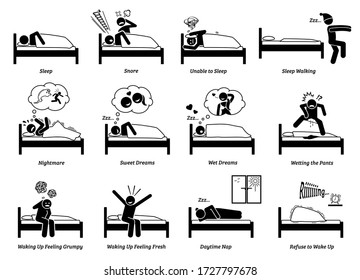 People sleeping, dreaming, and waking up from the bed. Vector illustrations of a person asleep, snoring, sleep walking, resting, napping, and waking up. The man has nightmare, sweet and wet dreams.