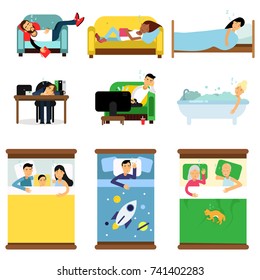 People sleeping at home, at work set, men and women sleeping in bed, sofa with kids, pets, together cartoon vector illustrations