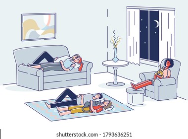 People sleeping in living room. Group of cartoons napping on sofa, in armchair and on floor. Tired male and female family having rest dreaming. Linear vector illustration