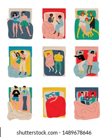 People Sleeping at Night Set, Family Couples Lying in Double Bed and Slumbering, Parents Sleeping with Their Kids, From Above Vector Illustration