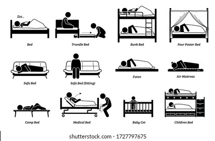 People Sleeping On Different Type Of Bed. Vector Illustration Of Person Sleep On Trundle, Bunk, Four Poster, Sofa, Futon, Air Mattress And Medical Bed. Children Sleeping On Baby Cot And Double Decker.