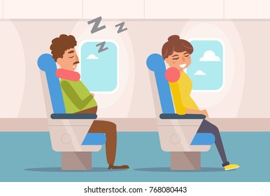 La gente está durmiendo en el avión. Vector. Caricatura. Arte aislado de fondo blanco. Plano