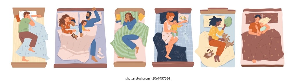People sleeping peacefully in beds isolated flat cartoon set. Vector man and woman sleep on pillows at home. Happy men and women lying under blanket in pajamas asleep at night. Bedtime at house