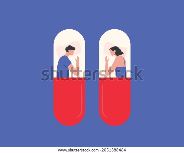 People sleeping in a sleeping pill. Woman\
and man suffering from sleep disorder and insomnia concept. Flat\
vector illustration.