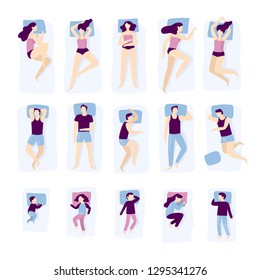 People sleeping poses. Adult and child sleep pose. Man on pillow, woman and young kids sleeping in bed. Sleep position, person bedding dreaming. Isolated vector illustration icons set svg