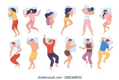 People Sleeping Poses. Woman Man Sleep Position In Bed, Person Posture Top View, Girl Lying Side Hug Pillow, Body Fetal Pose, Healthy Back, Night Dream, Flat Swanky Vector Illustration